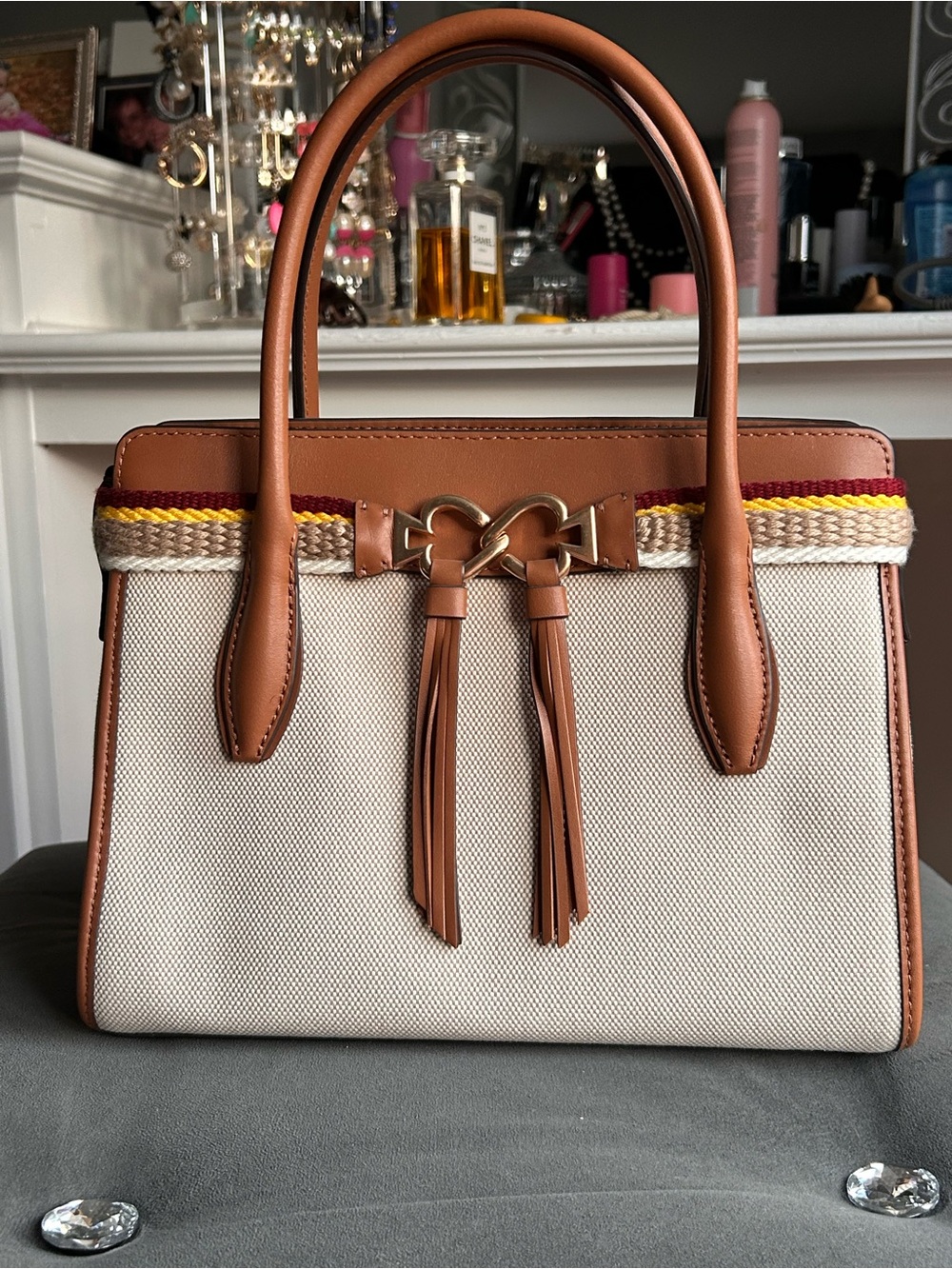 kate spade Cream Canvas and Tan Leather Satchel with Braided Accent